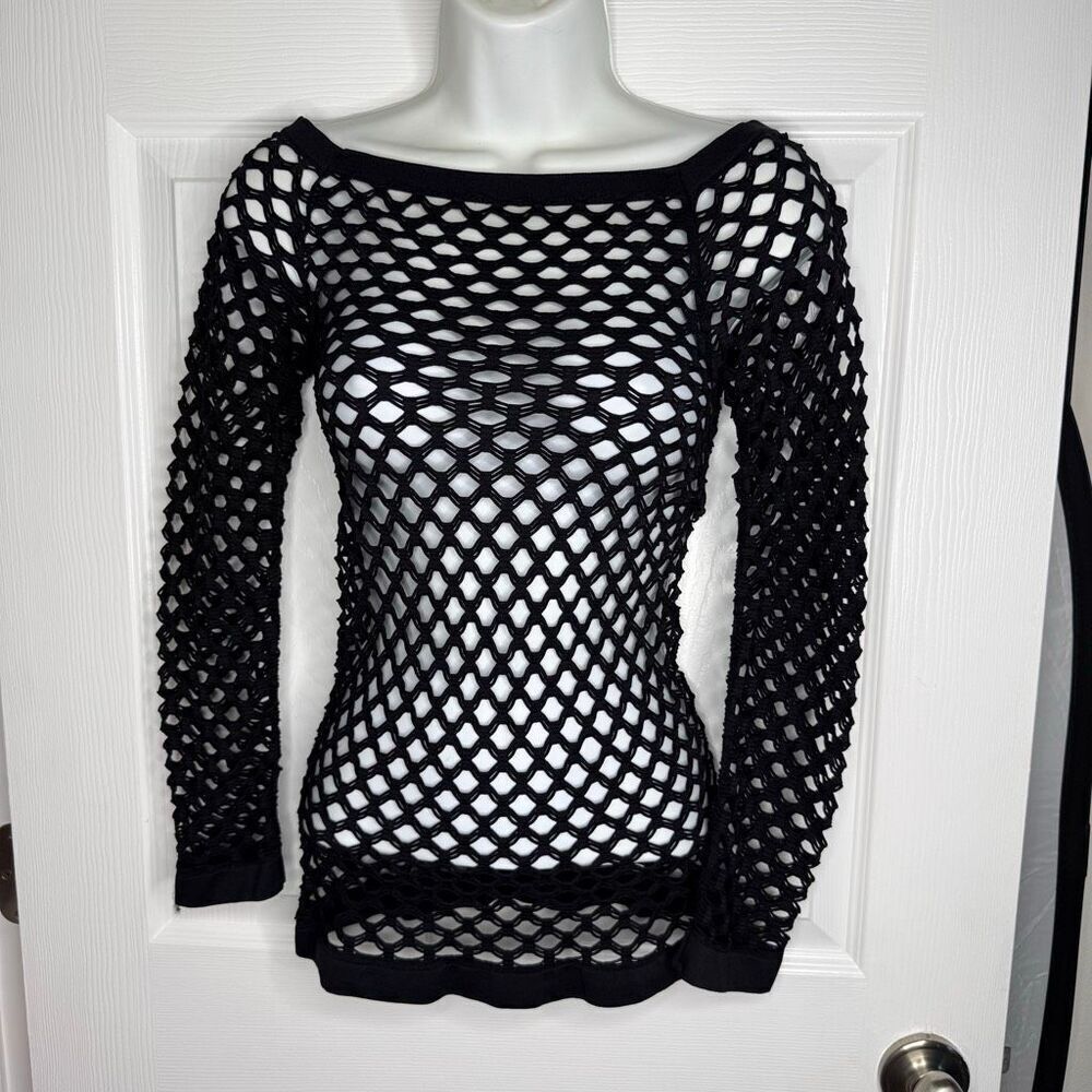 Yummie Zero Mesh Cold Shoulder Long Sleeve Top Black Open Knit Size M